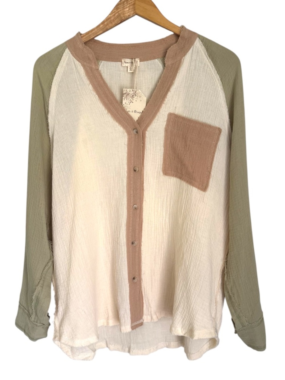 Hem & Thread Gauze color block long Sleeve Button Down Shirt NWT